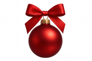 Shiny red christmas ball ornament hanging from a red ribbon bow, isolated on transparent background, perfect for holiday projects
