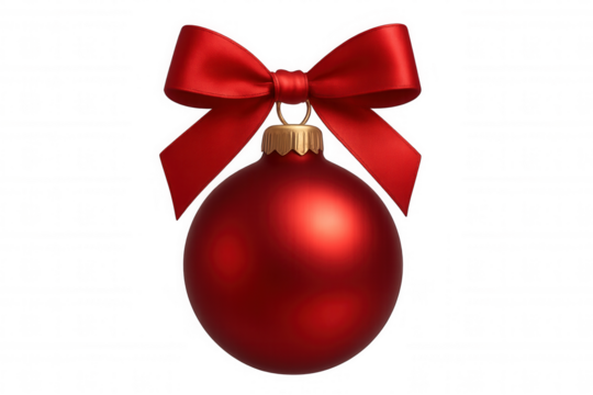 Shiny red christmas ball ornament hanging from a red ribbon bow, isolated on transparent background, perfect for holiday projects