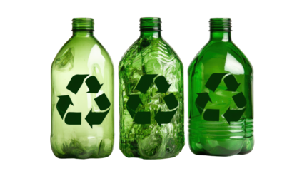Three green bottles with recycling symbols