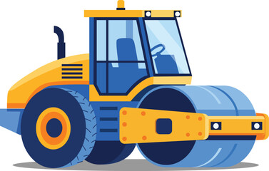 Naklejka premium Illustration of a yellow and blue road roller vehicle, a heavy construction machine used for compacting soil and asphalt.