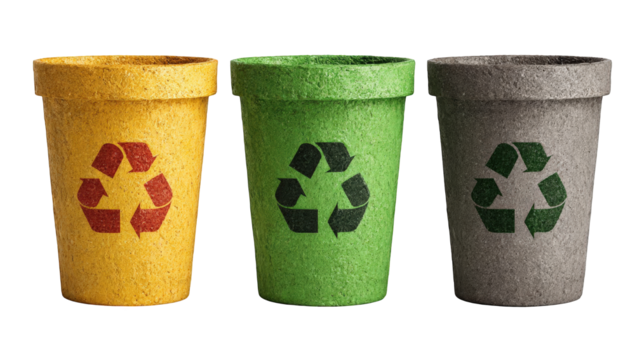 Three recycling bins of different colors