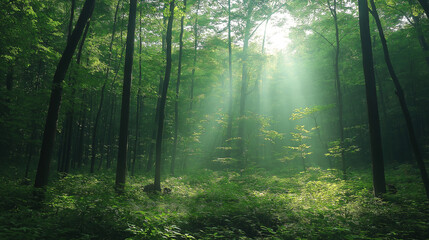Obraz premium Morning Sunlight Penetrating Dense Forest Natural Green Landscape Serene Atmosphere Background