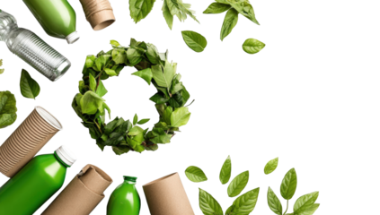 Green circular wreath of leaves amidst recycled materials