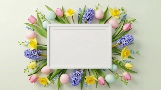 Pastel eggs and spring flowers frame a blank white frame on light ground