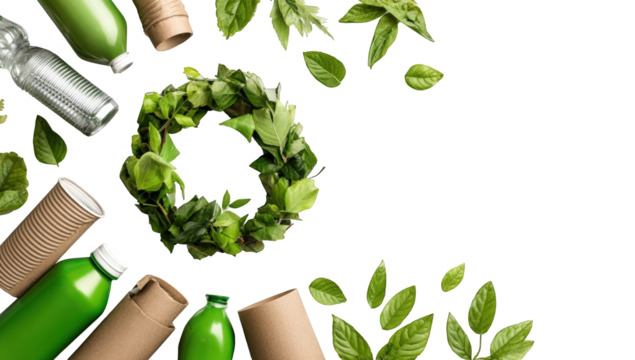 Green circular wreath of leaves amidst recycled materials