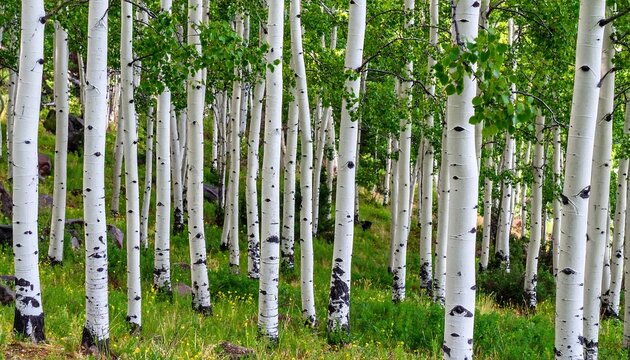 A dense forest of aspen trees in a vibrant green and white landscape - Powered by Adobe