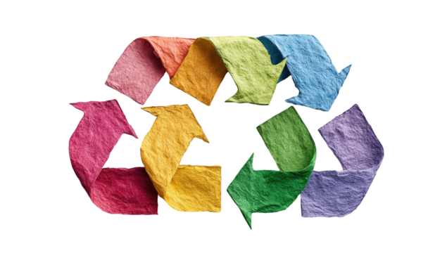 Colorful recycling symbol made of crumpled paper