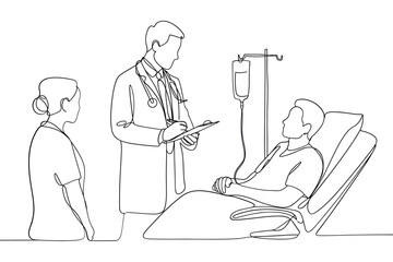Doctor and nurse discuss patient s condition by iv drip