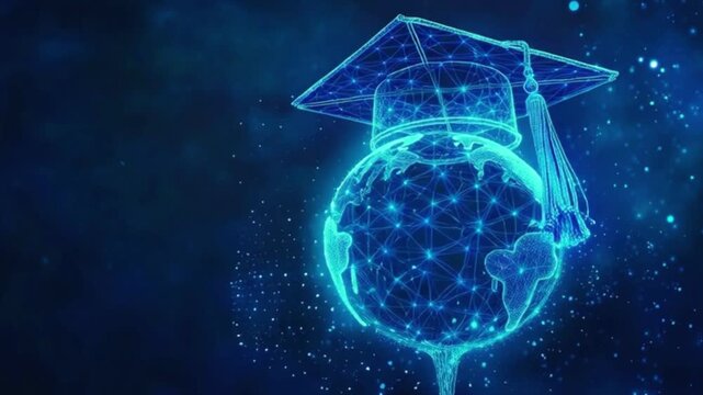 Global digital education network globe wearing graduation cap holographic technology, futuristic online learning concept with connected world map, artificial intelligence university, e learning innova