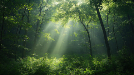 Obraz premium Morning Sunlight Penetrating Dense Forest Natural Green Landscape Serene Atmosphere Background