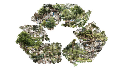 A recycle symbol composed of fragmented images of nature and debris