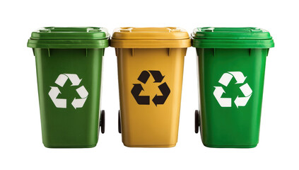 Three recycling bins, side by side.  Different colors