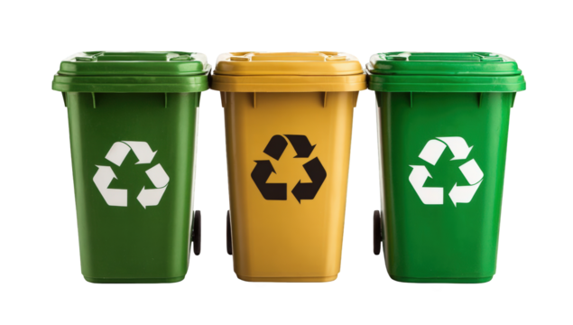 Three recycling bins, side by side.  Different colors