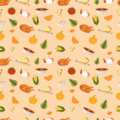 Thanksgiving harvest seamless pattern with pumpkin, roasted turkey, corn, tomato, pie, and tea pot. Autumn holiday. Vector illustration