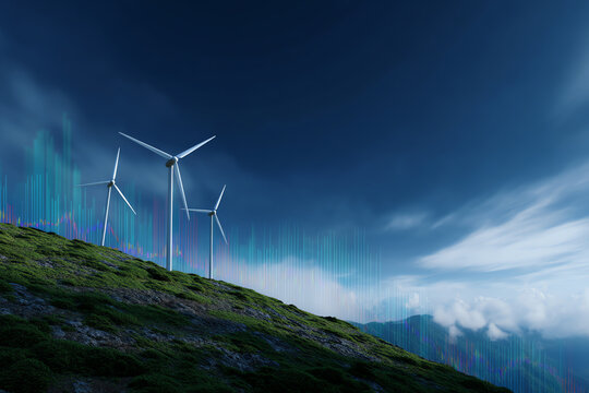 Wind turbines stand tall on a green hill under a dramatic sky, symbolizing renewable energy and sustainability with subtle digital data overlays in the background