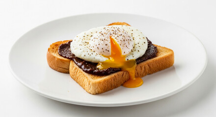 A poached egg with a runny yolk on top of toast with a dark sauce, served on a white plate.