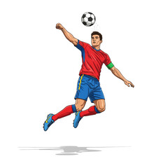 Dynamic soccer player heading the ball mid-air with determined focus, capturing the energy of a competitive match