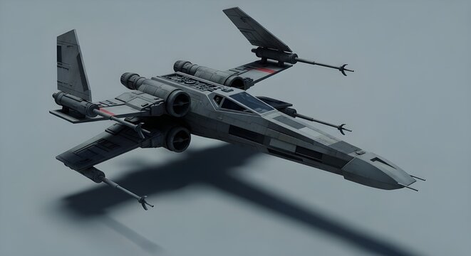 Iconic Starfighter Spaceship with Laser Cannons and Engine Glow on Grey Background