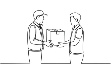 Delivery person hands package to customer in simple line art