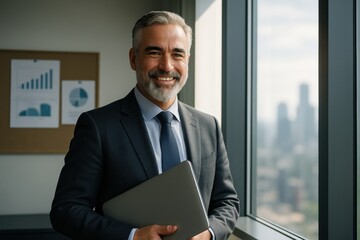 Fototapeta premium Smiling businessman standing in modern office with laptop and financial charts in background 