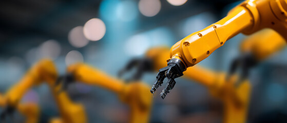 Close-up of a yellow industrial robotic arm with a mechanical claw in a blurred factory setting, showcasing automation and advanced manufacturing technology