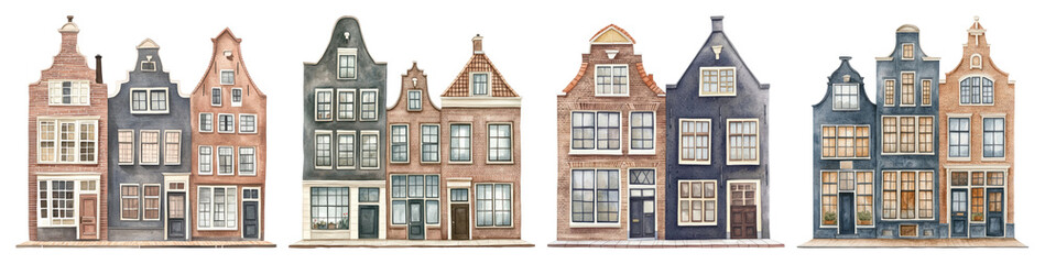 Fototapeta premium PNG Charming watercolor Dutch architecture, element set on transparent background