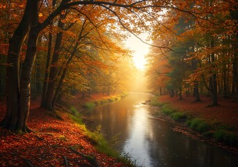 Autumnal forest river sunlight