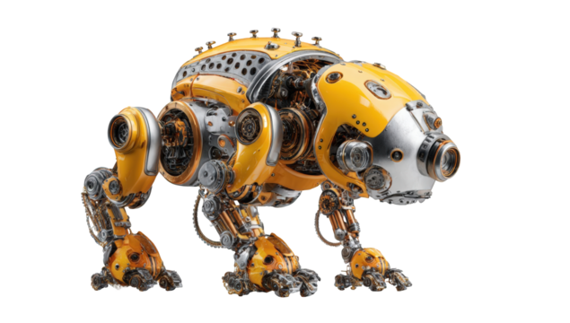 Steampunk robot, yellow and metallic