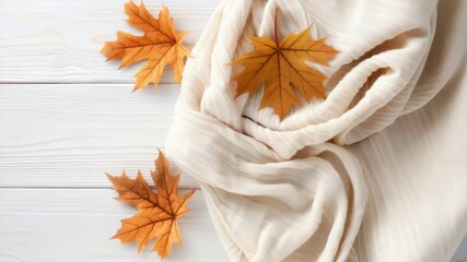 Autumn elements combine in a cozy display of fabric and colorful leaves on a minimalist wooden surface - Powered by Adobe