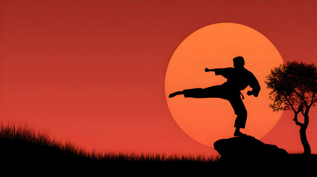 A karate practitioner performing a dynamic kick against a sunset backdrop, showcasing the power and grace of martial arts. - Powered by Adobe
