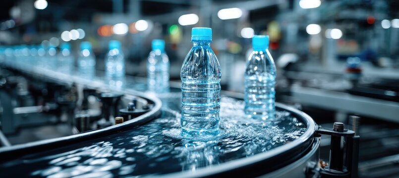 Plastic water bottles on a conveyor belt in a bottling plant