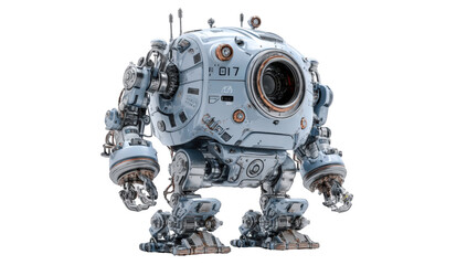 Light-gray, rounded robot with intricate mechanical details