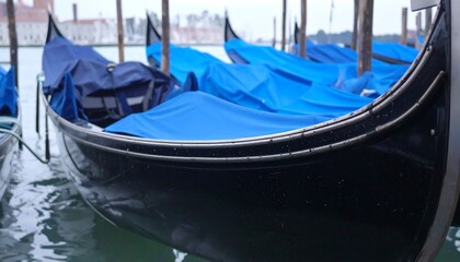 Row of gondolas in Venice, covered with blue fabric