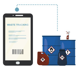 Waste tracking application with barcode scanner connected to hazardous chemical containers isolated. Digital mobile waste management. Hazardous waste manifest. Flat style. Vector illustration	
