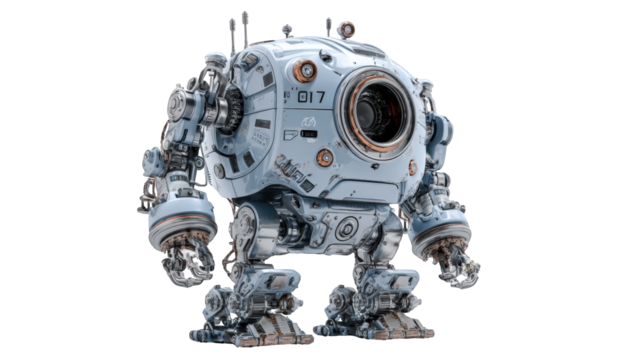 Light-gray, rounded robot with intricate mechanical details