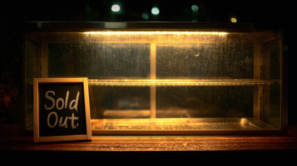 A chalkboard sign with "Sold Out" written on it sits in a warmly lit, empty wood and glass bakery display, with city lights blurred in the background.