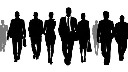 Silhouettes of people walking in a row, one distinguished