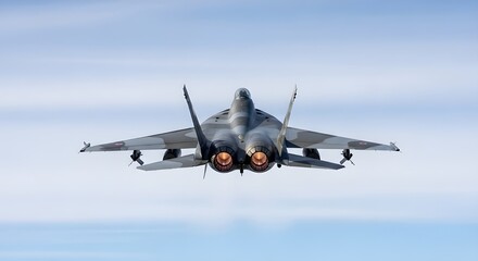 Rear view of a camouflaged fighter jet flying with engines on military aircraft jet plane