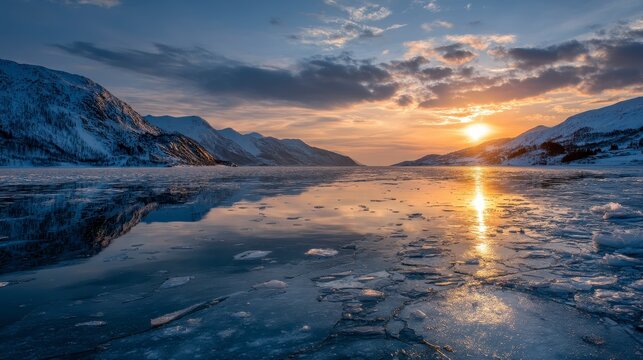 Sunset over an icy fjord with glowing sky reflections, cinematic nature style
