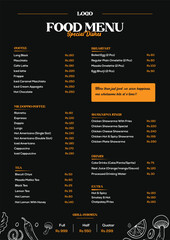 Food Menu Vector – Black Background Layout with Coffee, Pasta, Sandwiches & Rice Meals