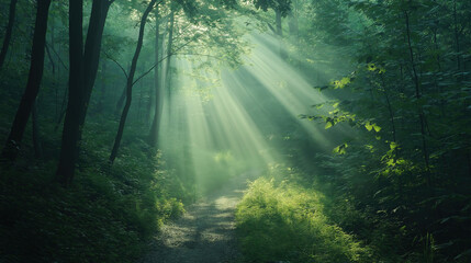 Naklejka premium Morning Sunbeams Penetrating Forest Path Serene Natural Landscape Background