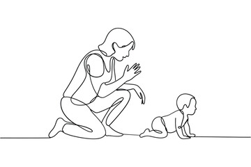 Mother and baby crawling together in continuous line art