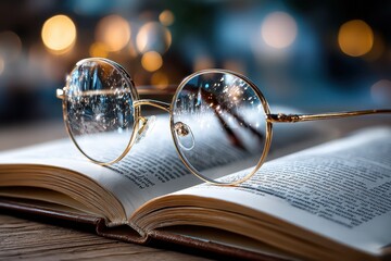 Round Glasses Resting on Open Book with Bokeh Background