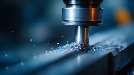Close-up of a metal milling machine cutting into a steel workpiece, producing metal shavings with a cool blue industrial background and focused lighting