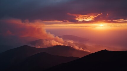 Sunset over volcanic hills, cinematic dramatic style,