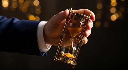 Persons Hand Holding an Elegant Golden Hourglass with Flowing Sand