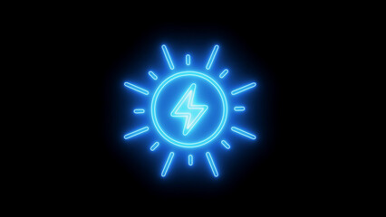 Blue neon sun with lightning bolt inside on black background electricity