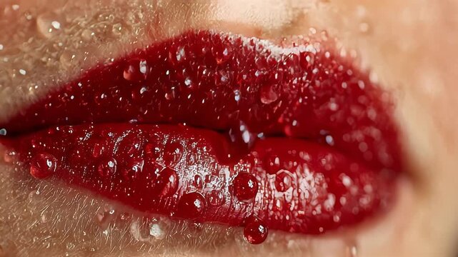 Close-up of a red lipstick with water droplets, showcasing elegance, beauty, and high-end cosmetics
