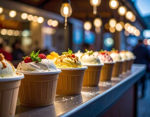 Row of ice cream cups at a night market