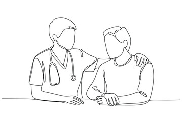 Doctor comforting patient with hand on shoulder in simple line drawing